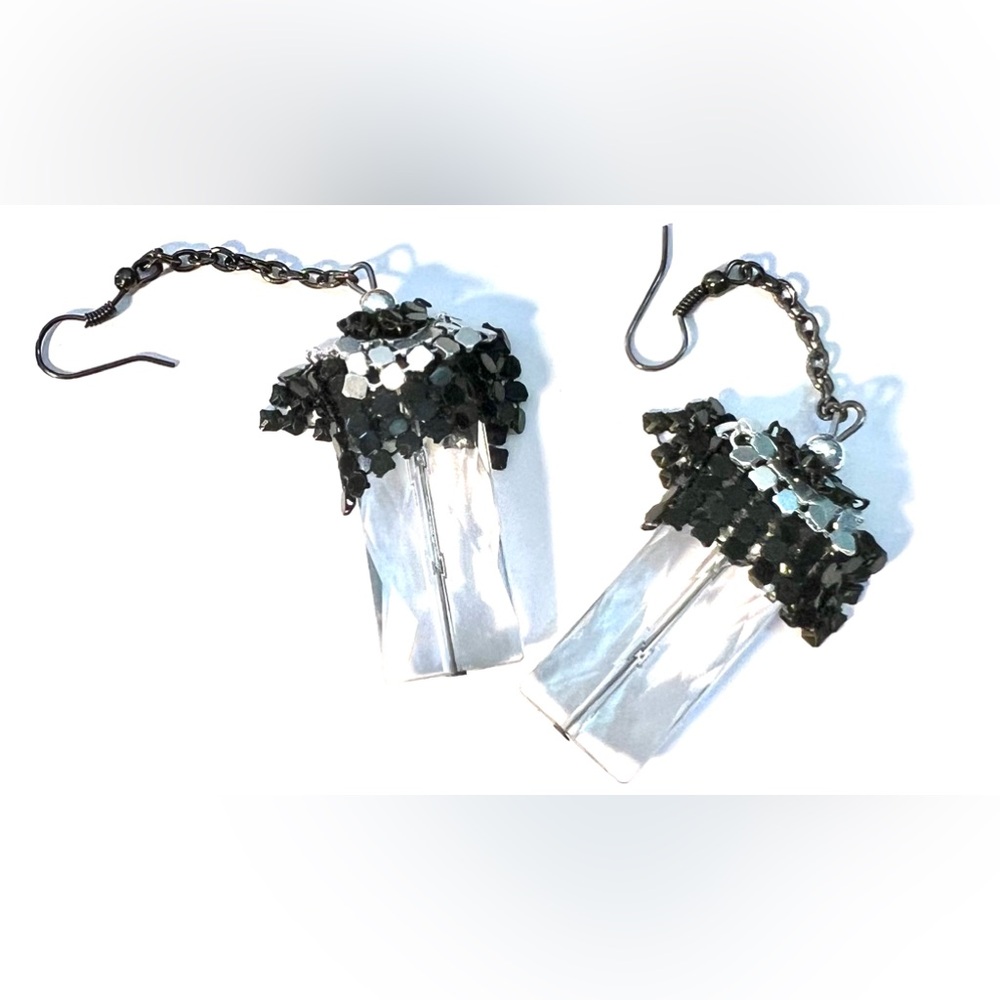 Vintage Retro Dangle Black And Silver Tone Metal Chain And Crystal Hook Earrings
